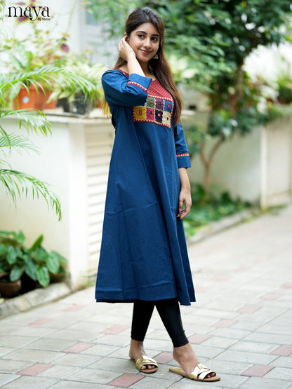 Beautiful Blue & Red Cotton Readymade Kurti with embroidered neck yoke-   MDL31007