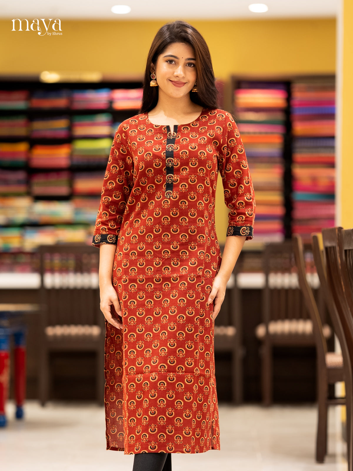 Red Ajrakh printed Cotton Readymade Kurti - MEC11011