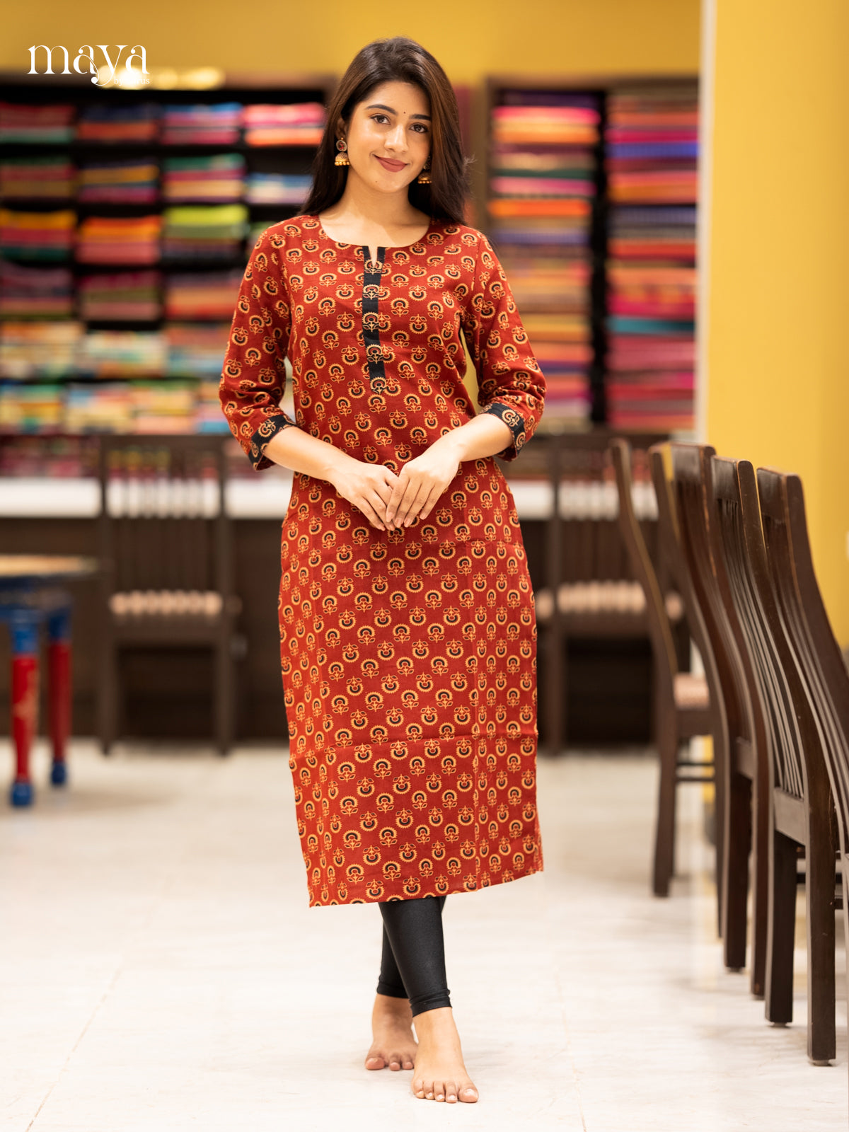 Red Ajrakh printed Cotton Readymade Kurti - MEC11011