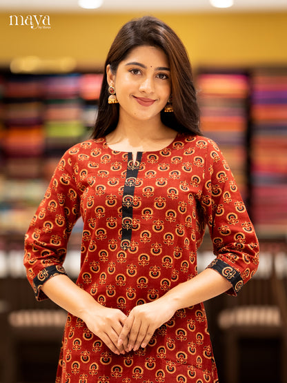 Red Ajrakh printed Cotton Readymade Kurti - MEC11011