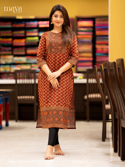 Maroon & Black Ajrakh printed Readymade Kurti with neck yoke- MEC11014