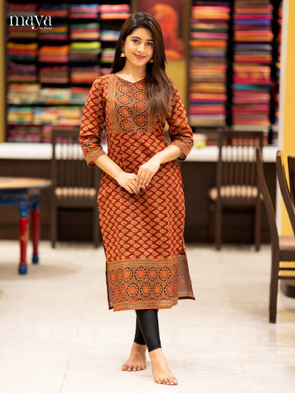 Maroon & Black Ajrakh printed Readymade Kurti with neck yoke- MEC11014
