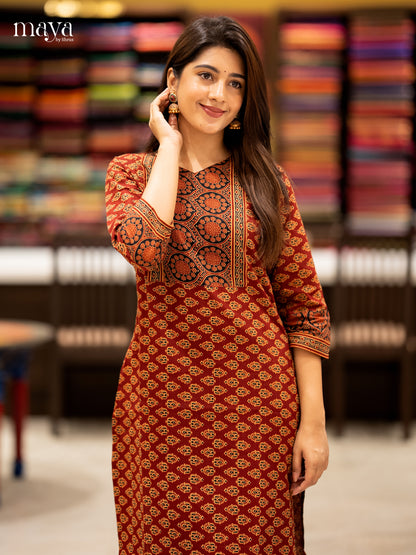 Maroon & Black Ajrakh printed Readymade Kurti with neck yoke- MEC11014
