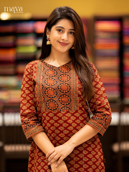 Maroon & Black Ajrakh printed Readymade Kurti with neck yoke- MEC11014