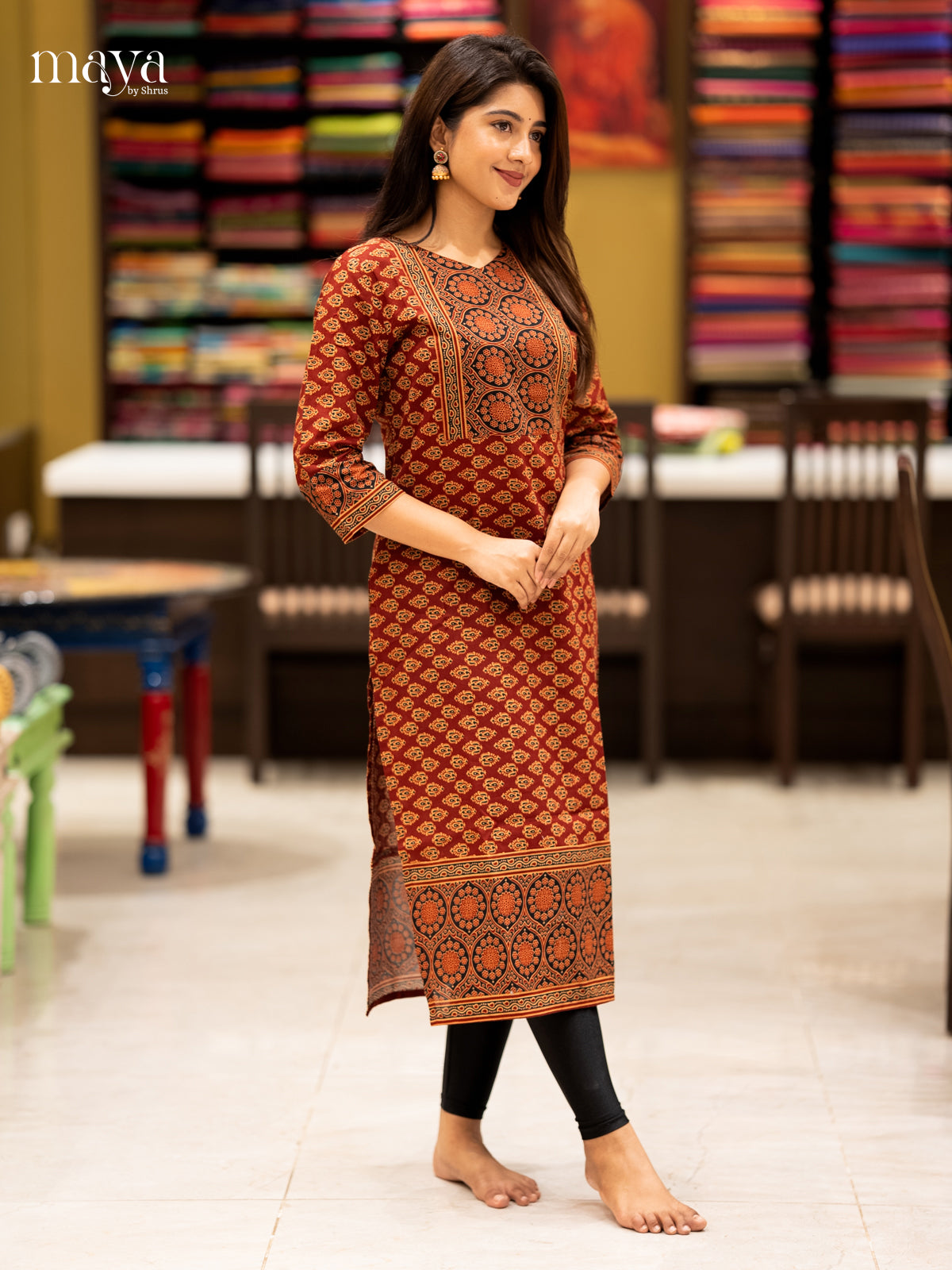 Maroon & Black Ajrakh printed Readymade Kurti with neck yoke- MEC11014