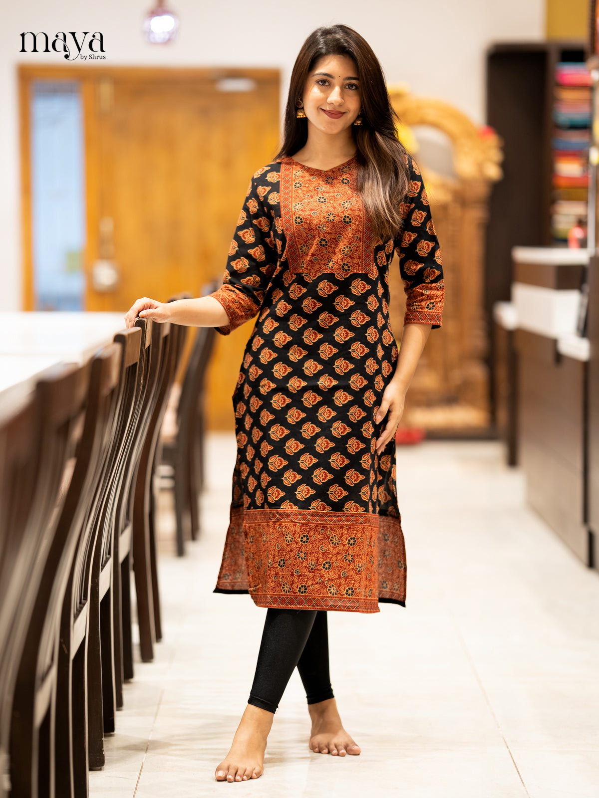 Black & Maroon Ajrakh printed Readymade Kurti with neck yoke - MEC11006