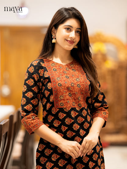 Black & Maroon Ajrakh printed Readymade Kurti with neck yoke - MEC11006