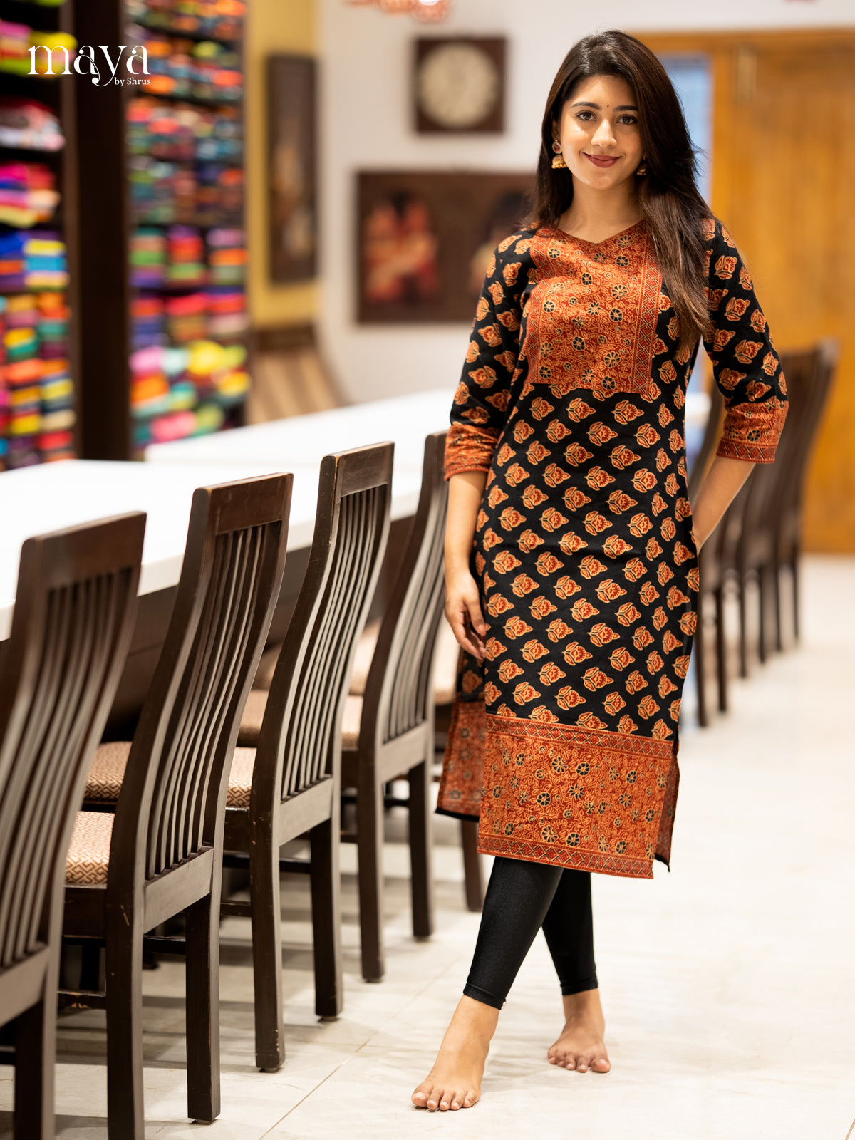 Black & Maroon Ajrakh printed Readymade Kurti with neck yoke - MEC11006