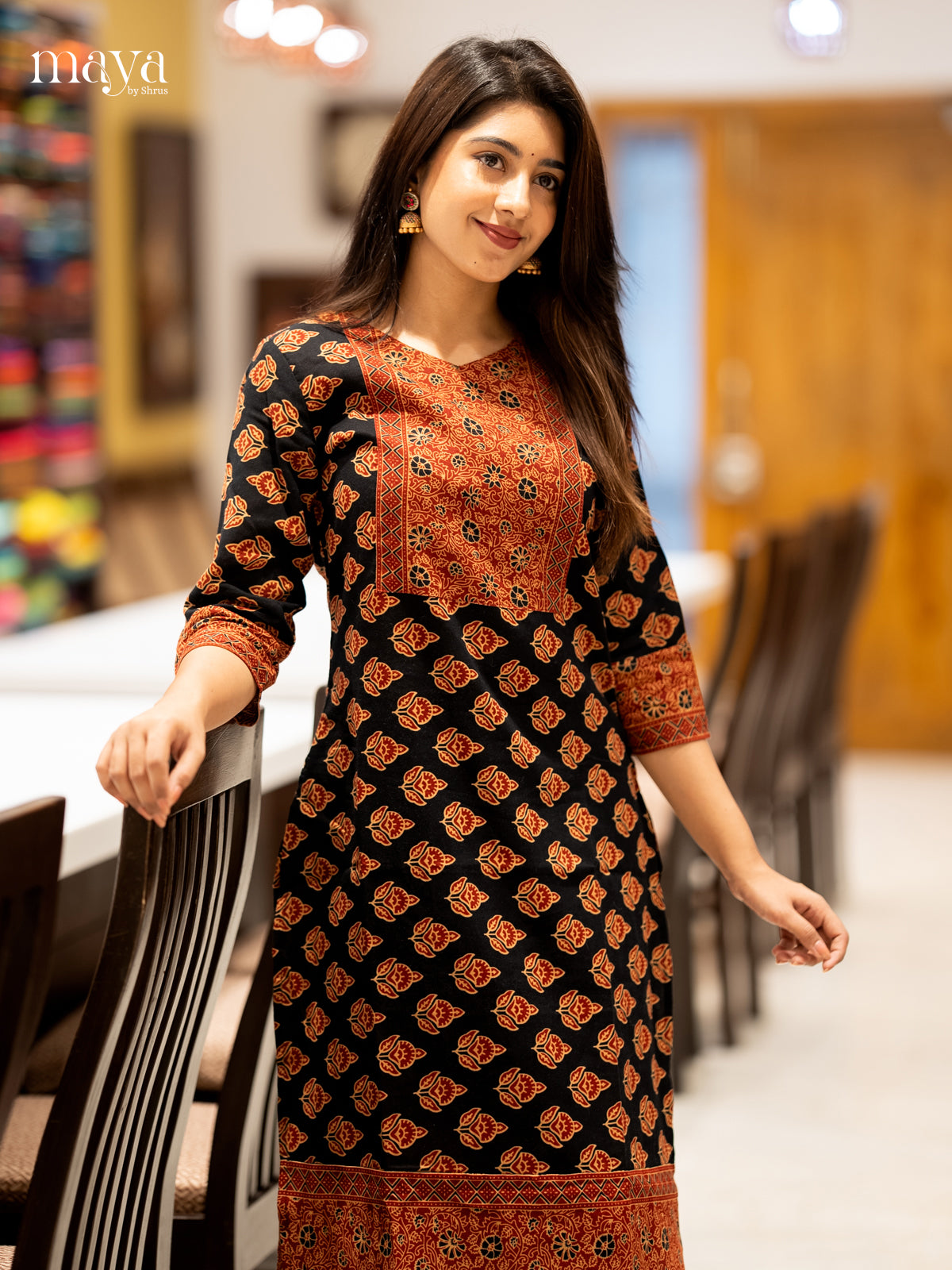 Black & Maroon Ajrakh printed Readymade Kurti with neck yoke - MEC11006