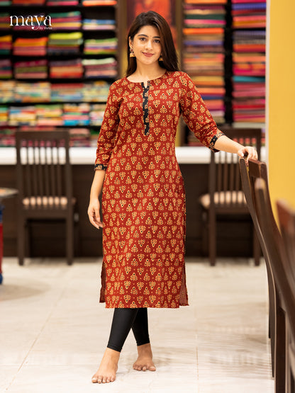 Red Ajrak printed Cotton Readymade Kurti - MEC11015