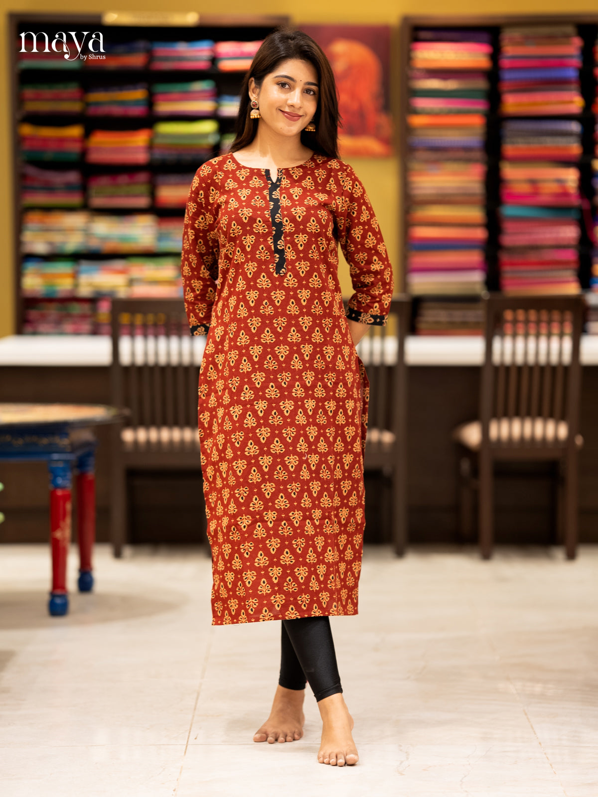 Red Ajrak printed Cotton Readymade Kurti - MEC11015