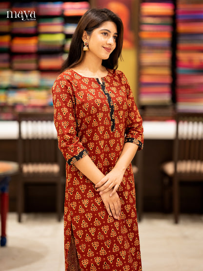 Red Ajrak printed Cotton Readymade Kurti - MEC11015