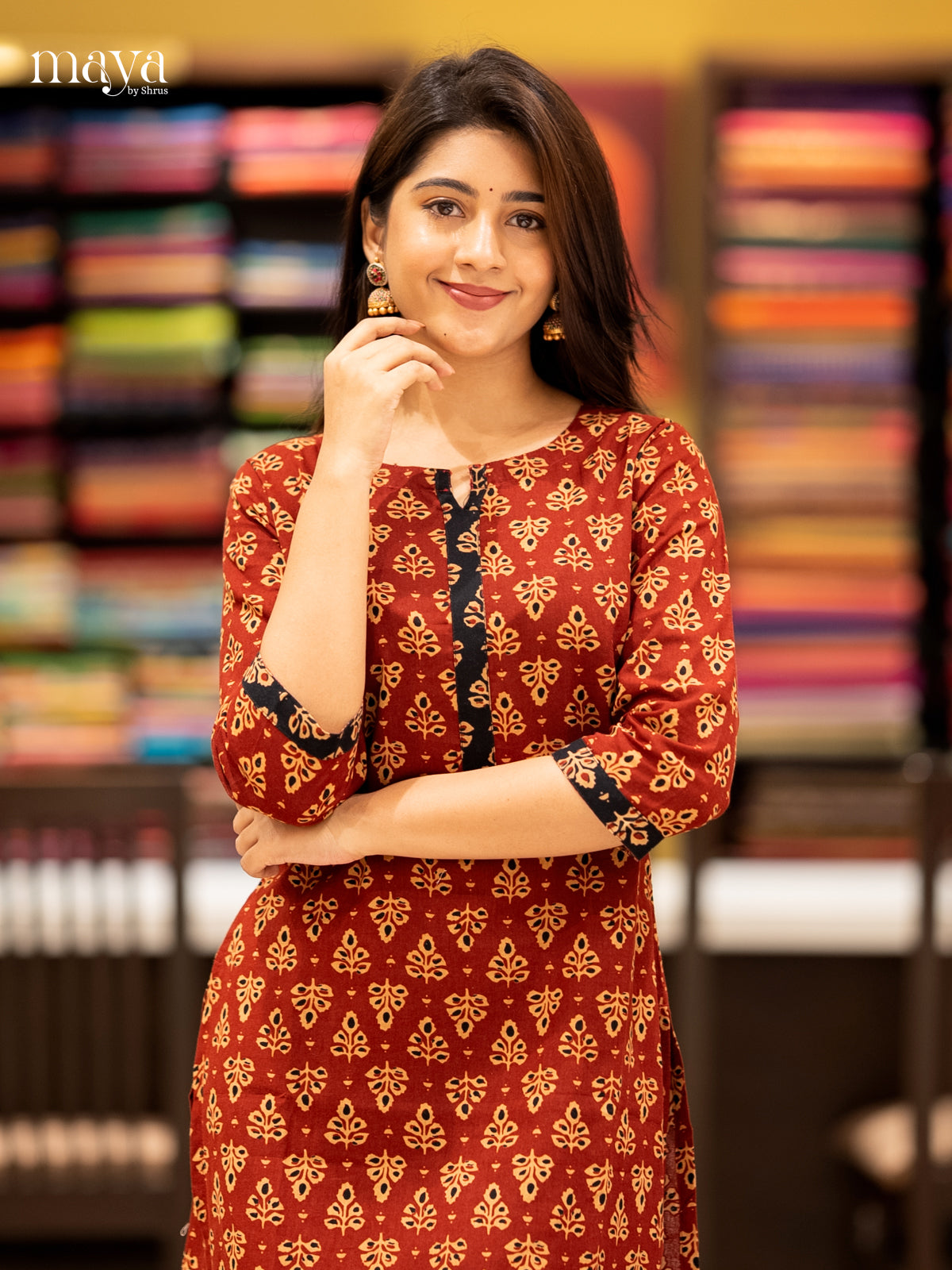 Red Ajrak printed Cotton Readymade Kurti - MEC11015