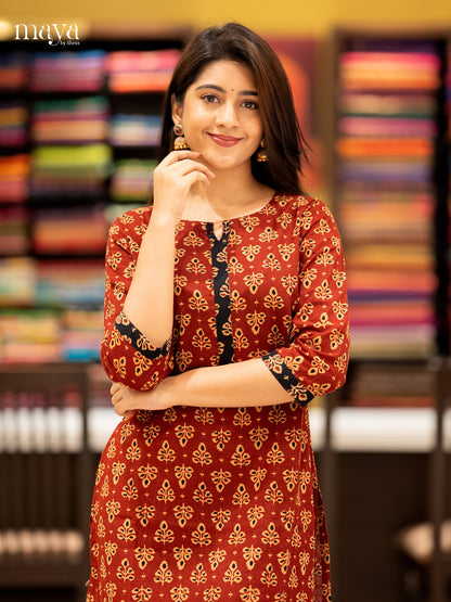 Red Ajrak printed Cotton Readymade Kurti - MEC11015