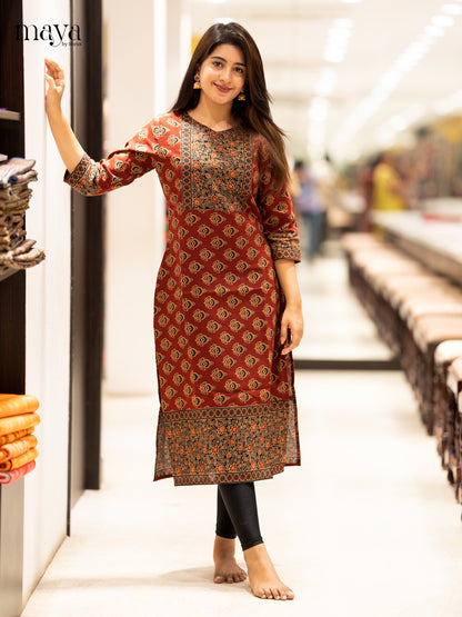 Maroon & Black Ajrakh printed Readymade Kurti with neck yoke - MEC11005