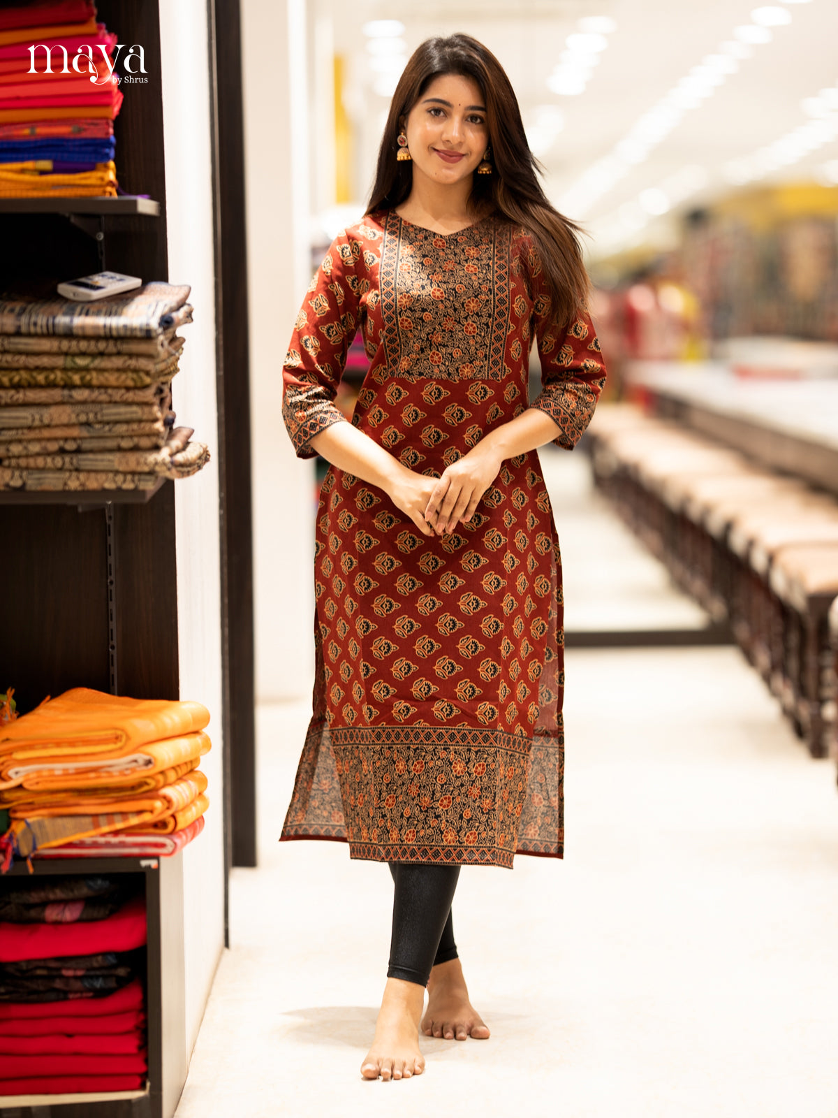Maroon & Black Ajrakh printed Readymade Kurti with neck yoke - MEC11005