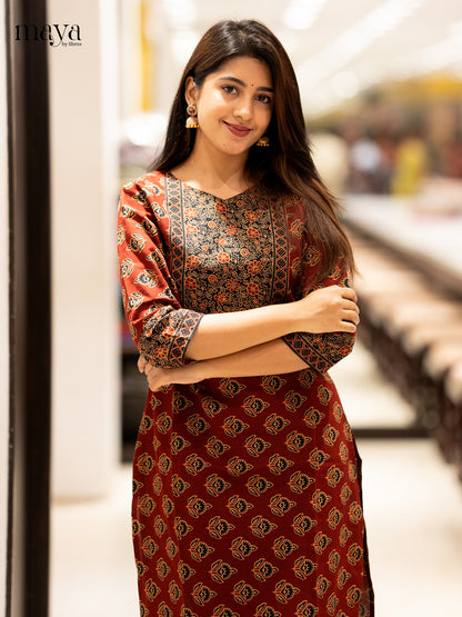 Maroon & Black Ajrakh printed Readymade Kurti with neck yoke - MEC11005