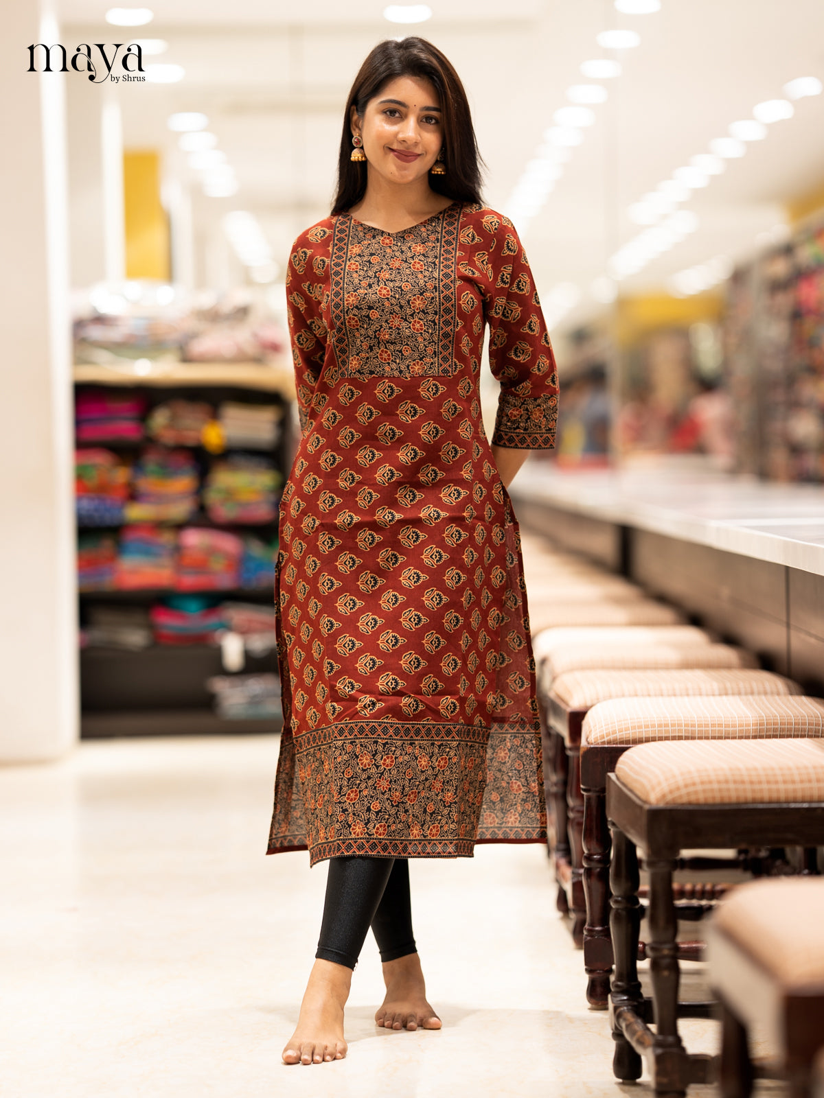 Maroon & Black Ajrakh printed Readymade Kurti with neck yoke - MEC11005