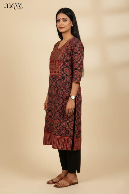Charming Black & Red Ajrakh Printed Readymade Cotton Kurti