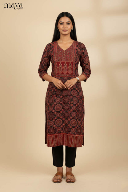 Charming Black & Red Ajrakh Printed Readymade Cotton Kurti