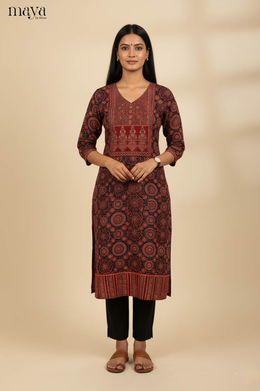Charming Black & Red Ajrakh Printed Readymade Cotton Kurti