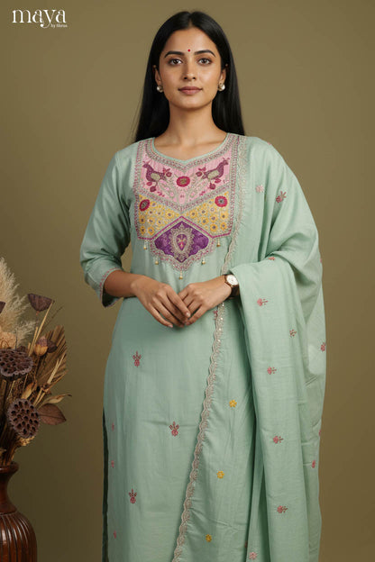 Classic Teal Green Party Wear Readymade 3 Piece Salwar Suit With Floral Yoke Neck