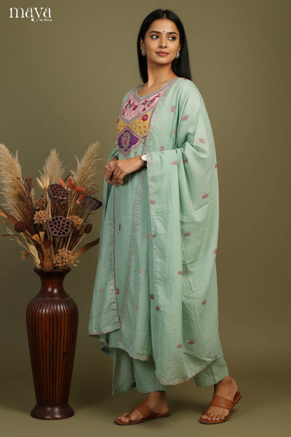 Classic Teal Green Party Wear Readymade 3 Piece Salwar Suit With Floral Yoke Neck