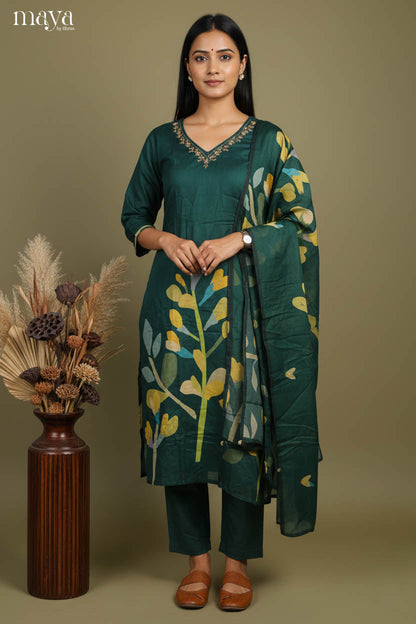 Classic Deep Green Salwar Suit With Floral print & Embroidered Neck