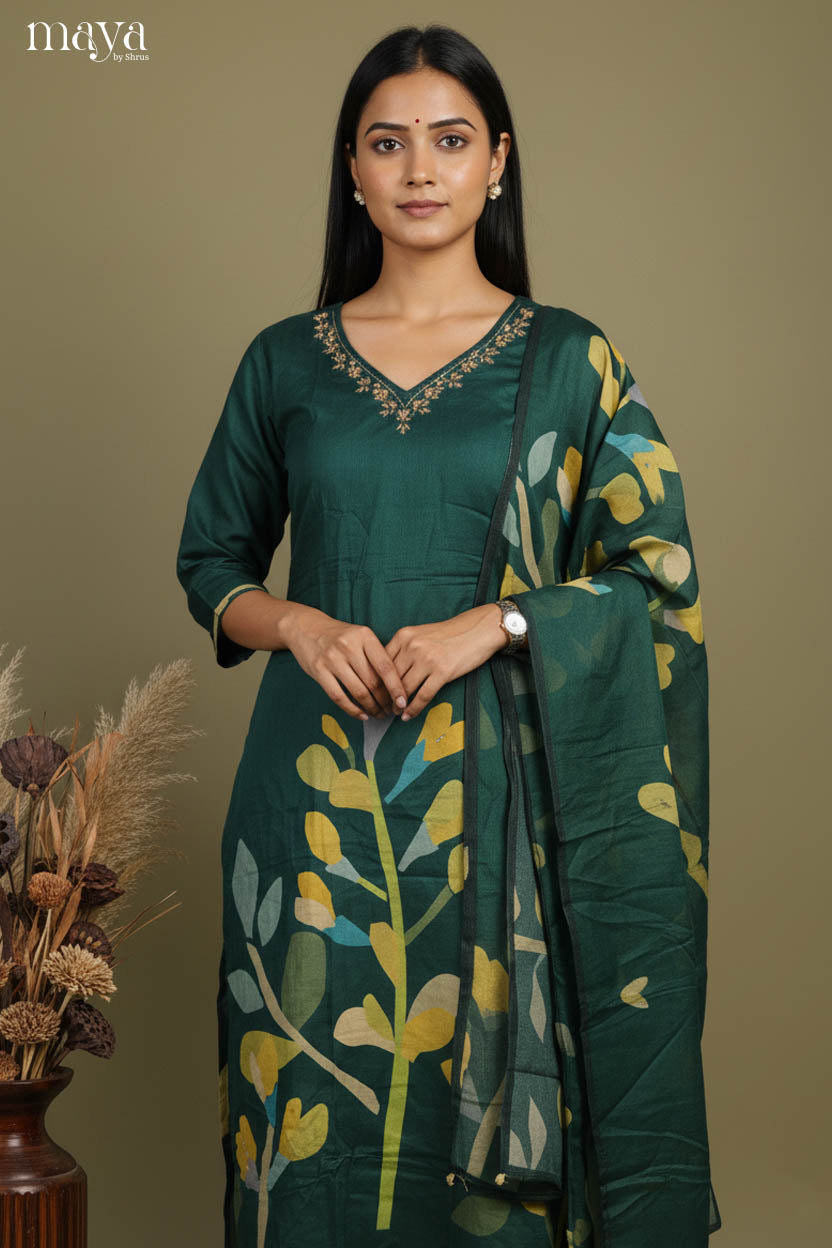Classic Deep Green Salwar Suit With Floral print & Embroidered Neck