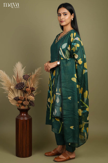 Classic Deep Green Salwar Suit With Floral print & Embroidered Neck