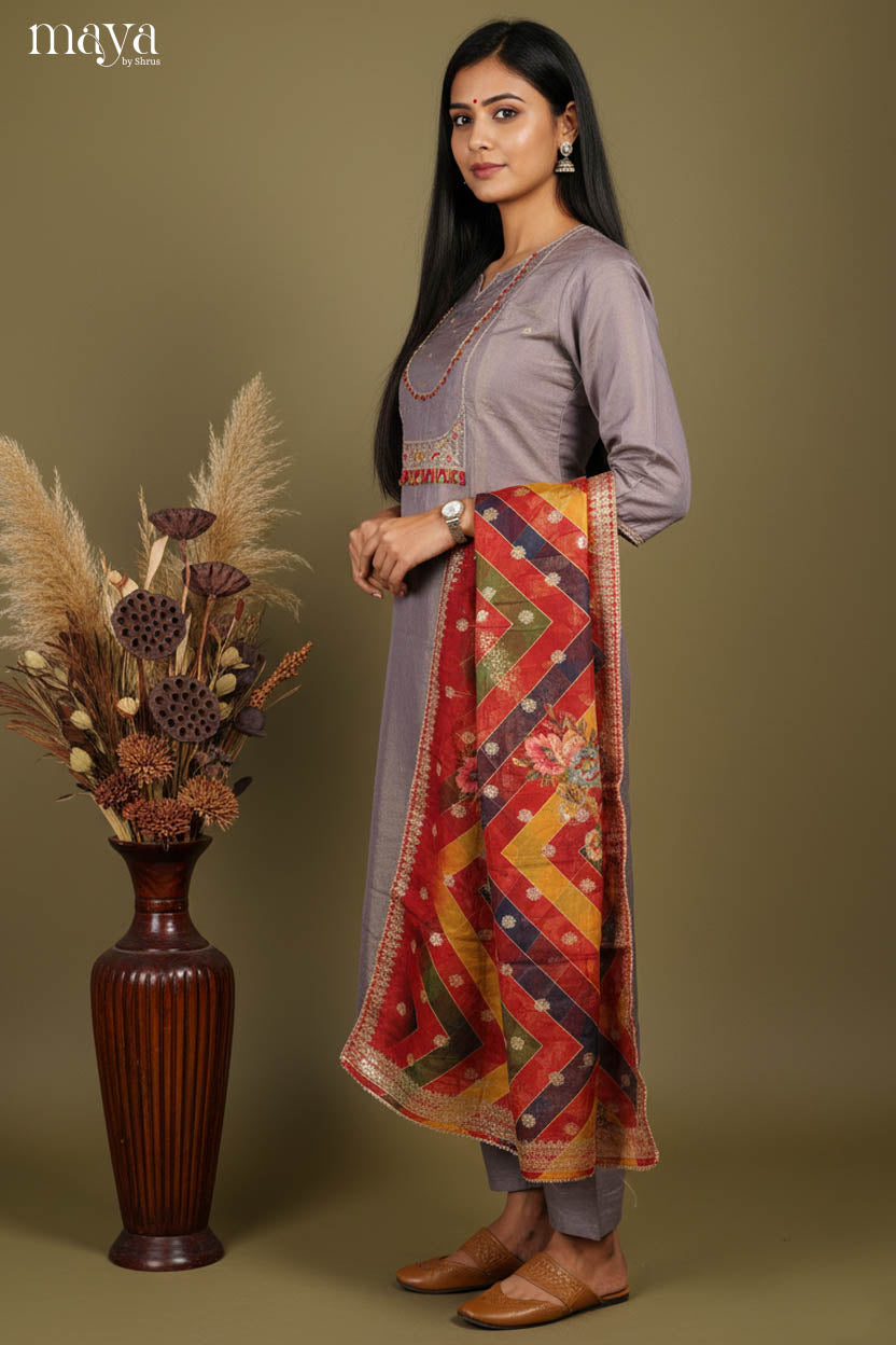 Elegant Grey Party Wear Salwar Suit With Embroidered Yoke Neck