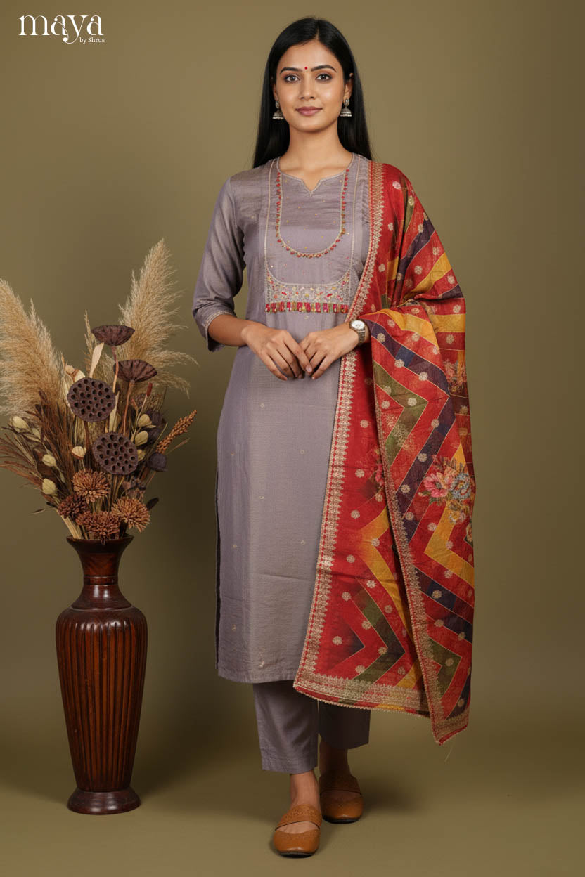 Elegant Grey Party Wear Salwar Suit With Embroidered Yoke Neck