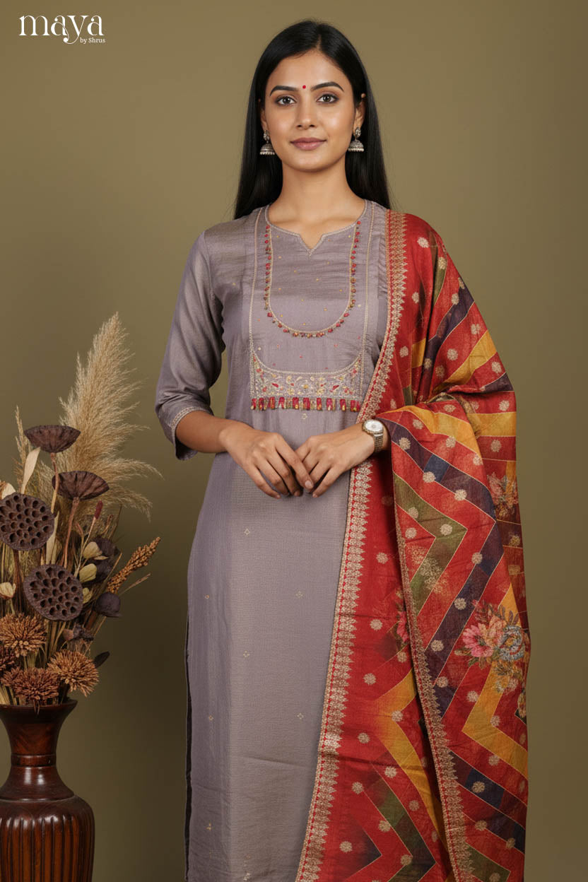 Elegant Grey Party Wear Salwar Suit With Embroidered Yoke Neck