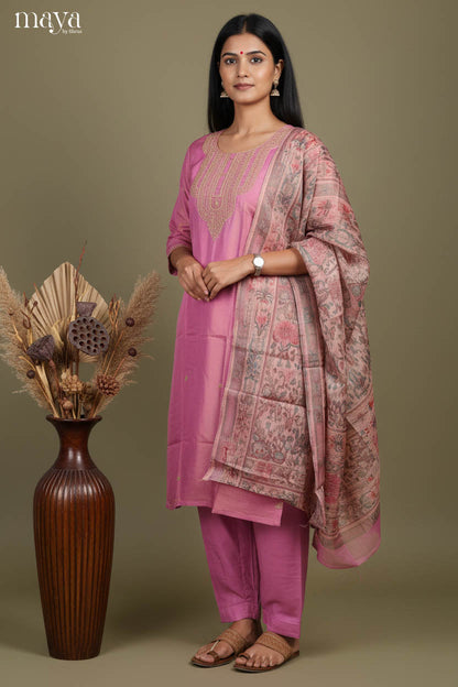 Festive Onion Pink party wear salwar suit With Embroidered Neck