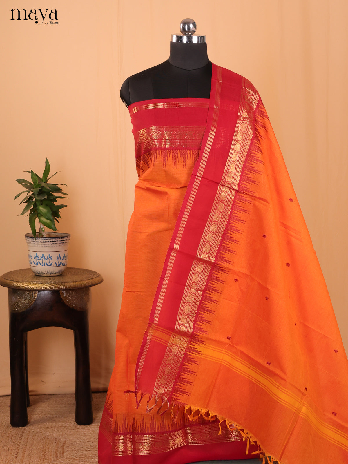 Orange & Red - Chettinad Cotton Unstitched Top & Dupatta - MCL18006 - Shop on Shrus.com