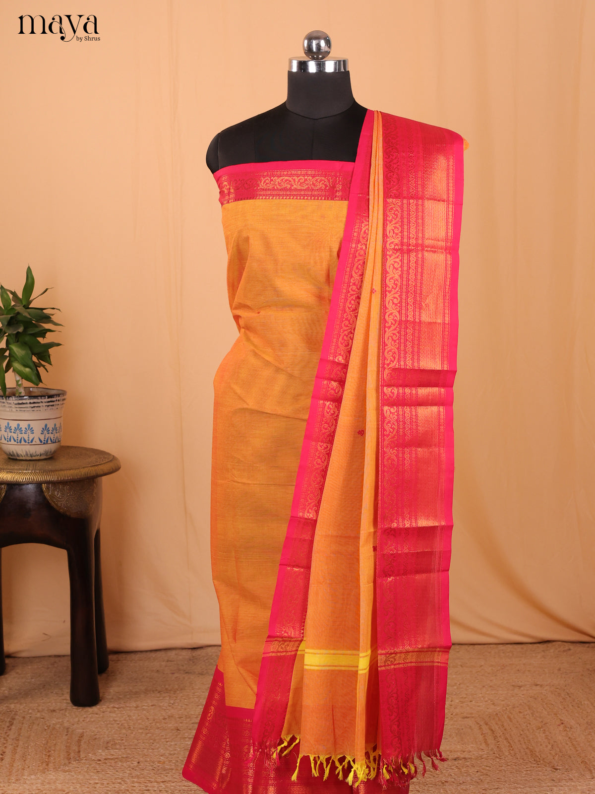 Mustard & Pink - Chettinad Cotton Unstitched Top & Dupatta - MCL18012 - Shop on Shrus.com