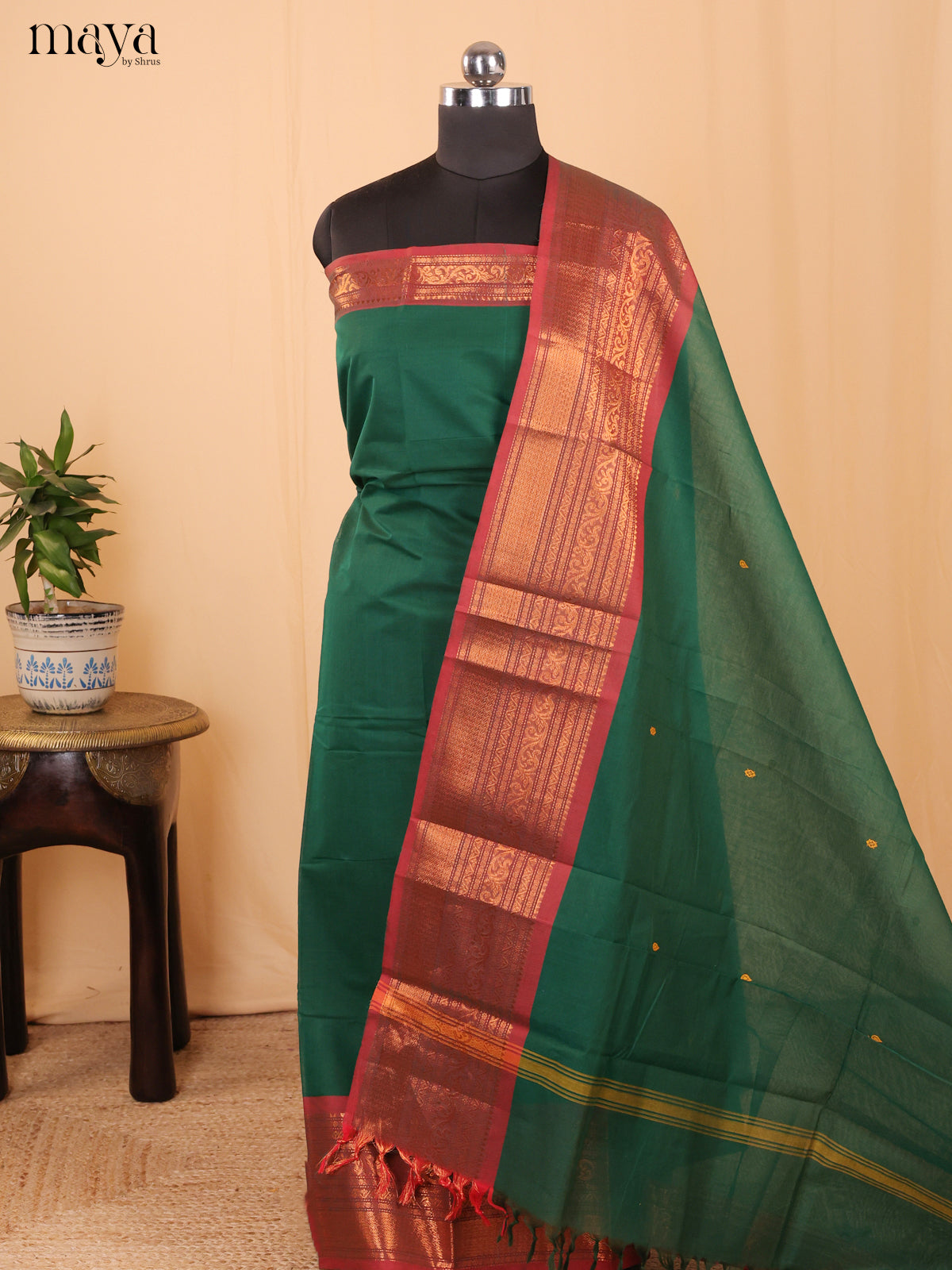 Green & Red - Chettinad Cotton Unstitched Top & Dupatta- MCL18018 - Shop on Shrus.com