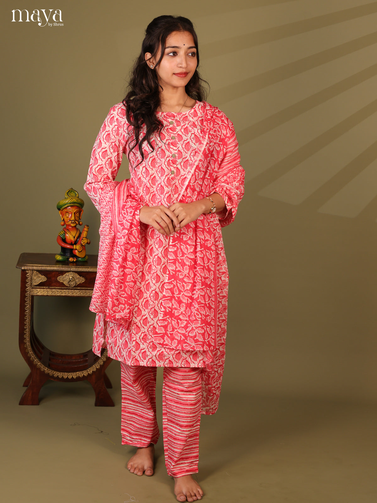Red Cotton 3Pc Salwar Suit With Jaipuri Print - Top, Bottom & Dupatta - Shop on Shrus.com