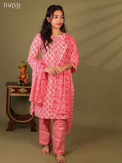 Red Cotton 3Pc Salwar Suit With Jaipuri Print - Top, Bottom & Dupatta - Shop on Shrus.com
