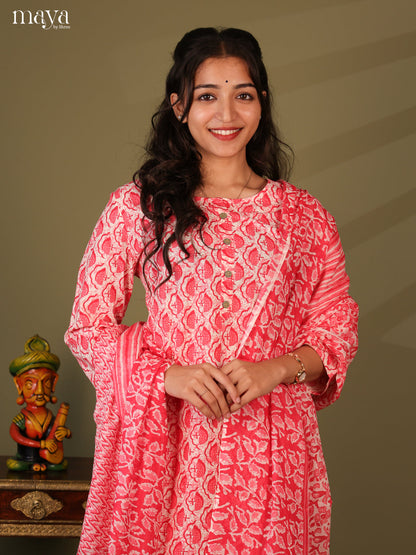 Red Cotton 3Pc Salwar Suit With Jaipuri Print - Top, Bottom & Dupatta - Shop on Shrus.com