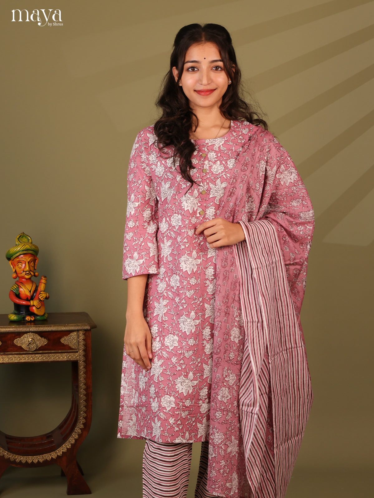 Pink Cotton 3pc Salwar Suit with Floral Print - Top, Bottom & Dupatta - Shop on Shrus.com