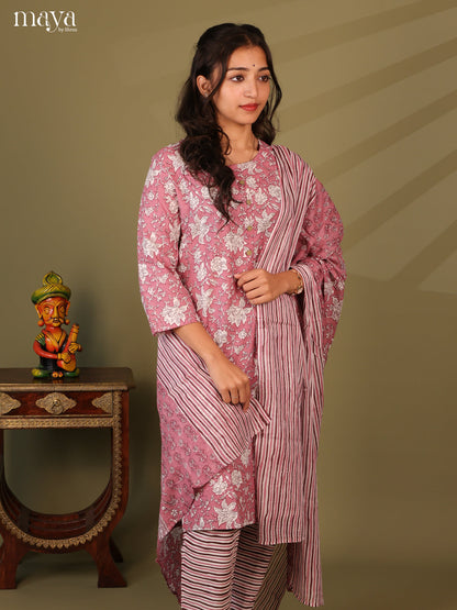 Pink Cotton 3pc Salwar Suit with Floral Print - Top, Bottom & Dupatta - Shop on Shrus.com