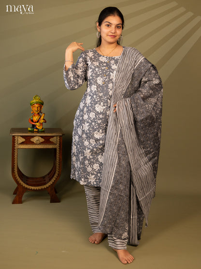 Grey Cotton 3pc Salwar Suit with Floral Print - Top, Bottom & Dupatta - Shop on Shrus.com