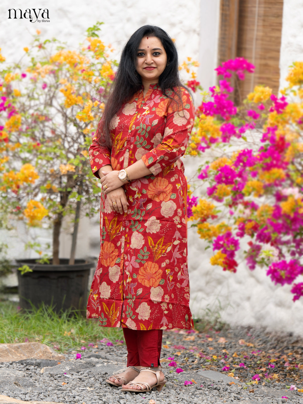 Floral Printed Red Cotton Kurti - Shop on Shrus.com
