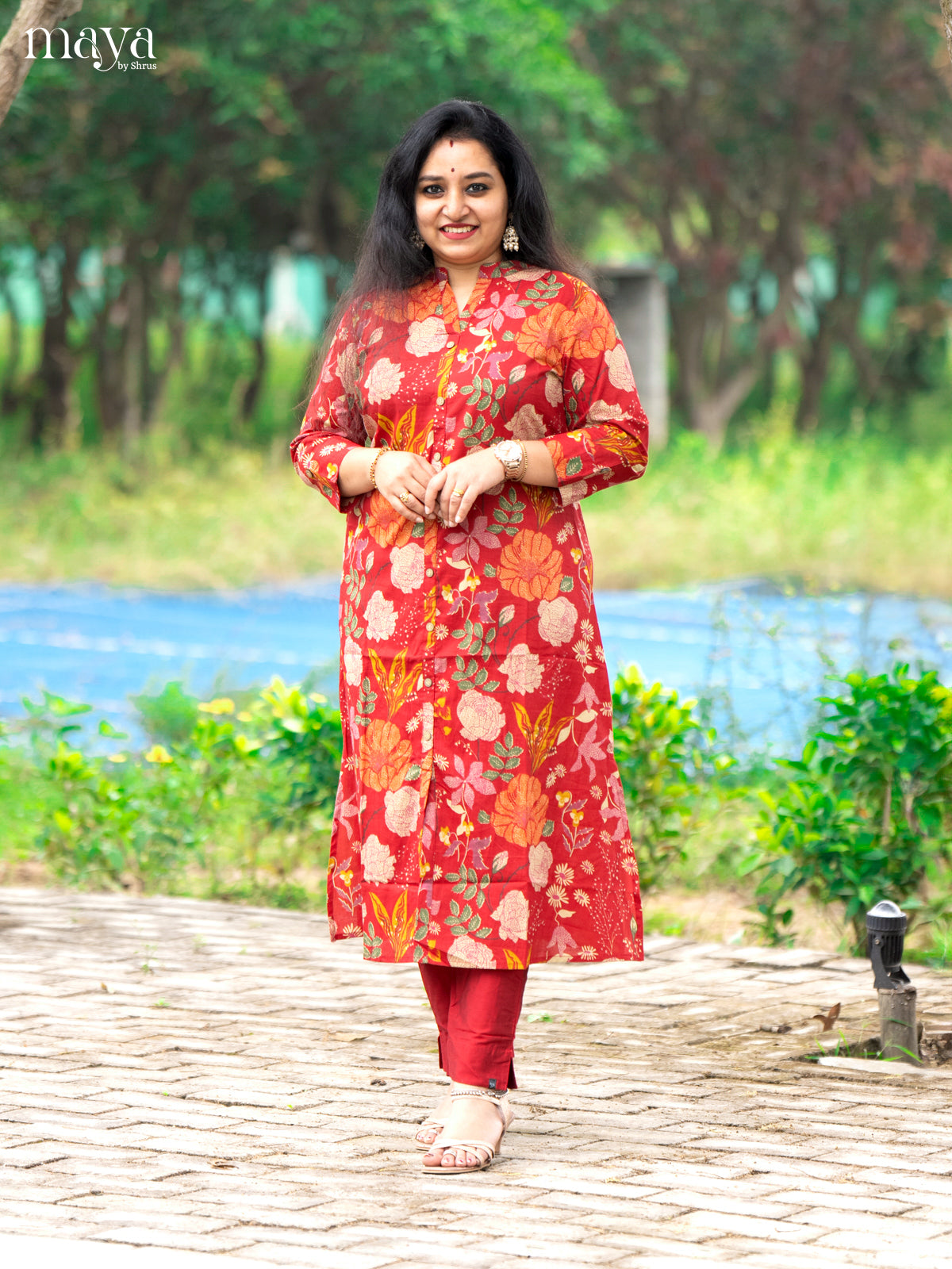 Floral Printed Red Cotton Kurti - Shop on Shrus.com