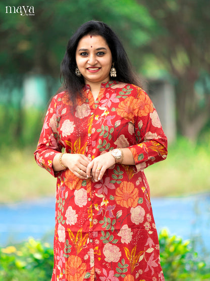 Floral Printed Red Cotton Kurti - Shop on Shrus.com