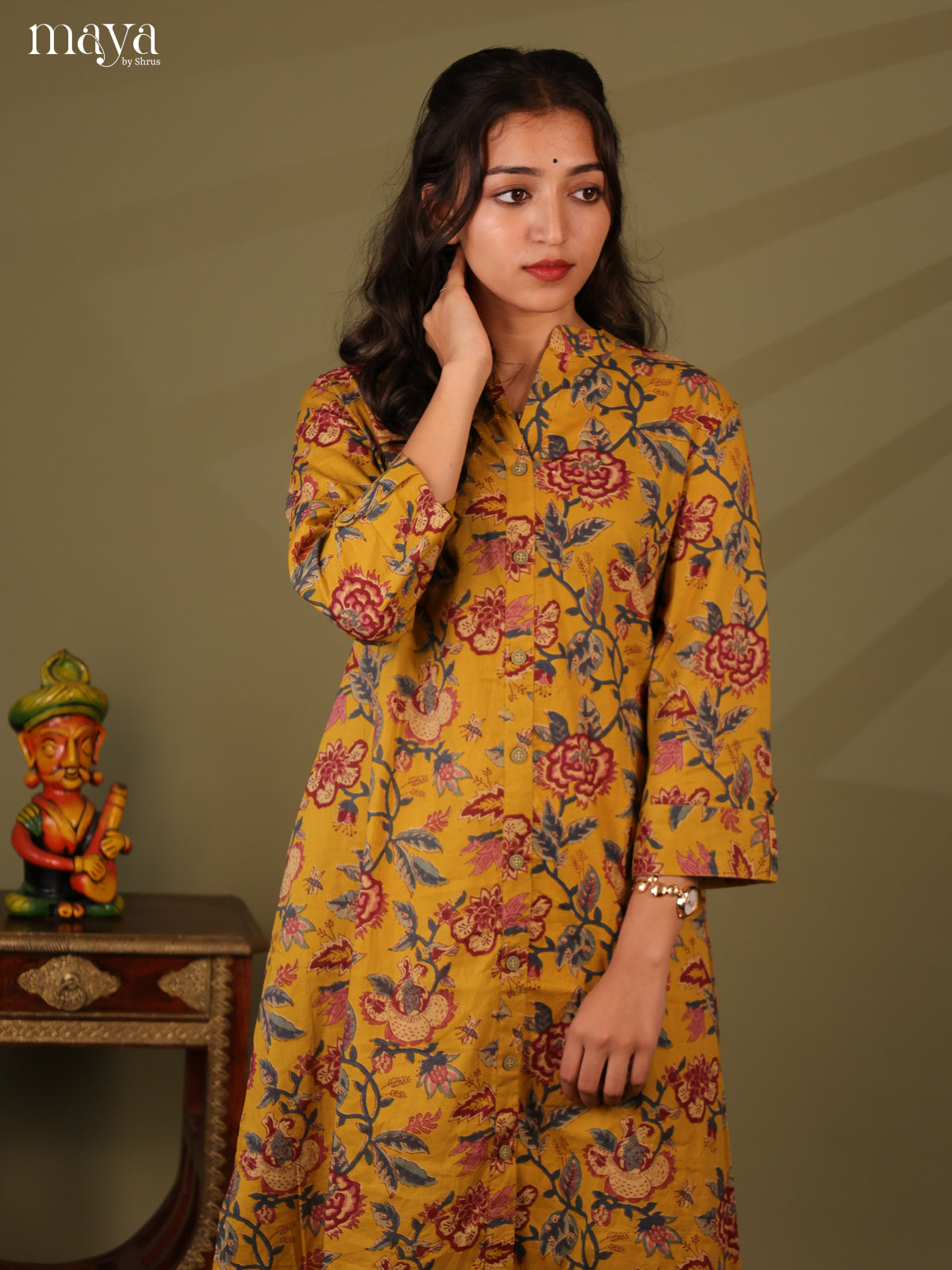 Floral Printed Mustard Cotton Kurti - Shop on Shrus.com