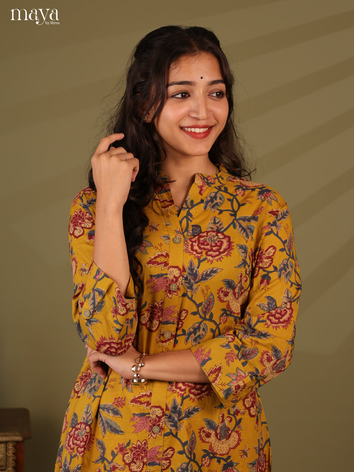 Floral Printed Mustard Cotton Kurti - Shop on Shrus.com