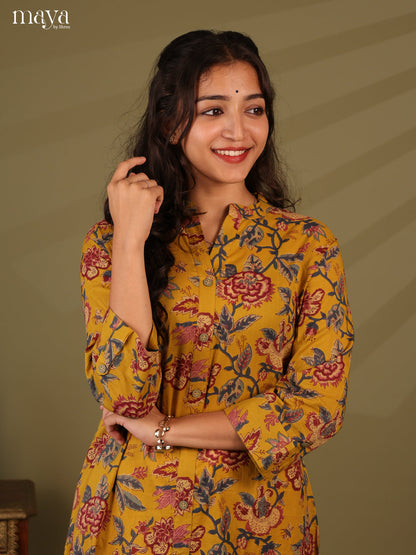 Floral Printed Mustard Cotton Kurti - Shop on Shrus.com