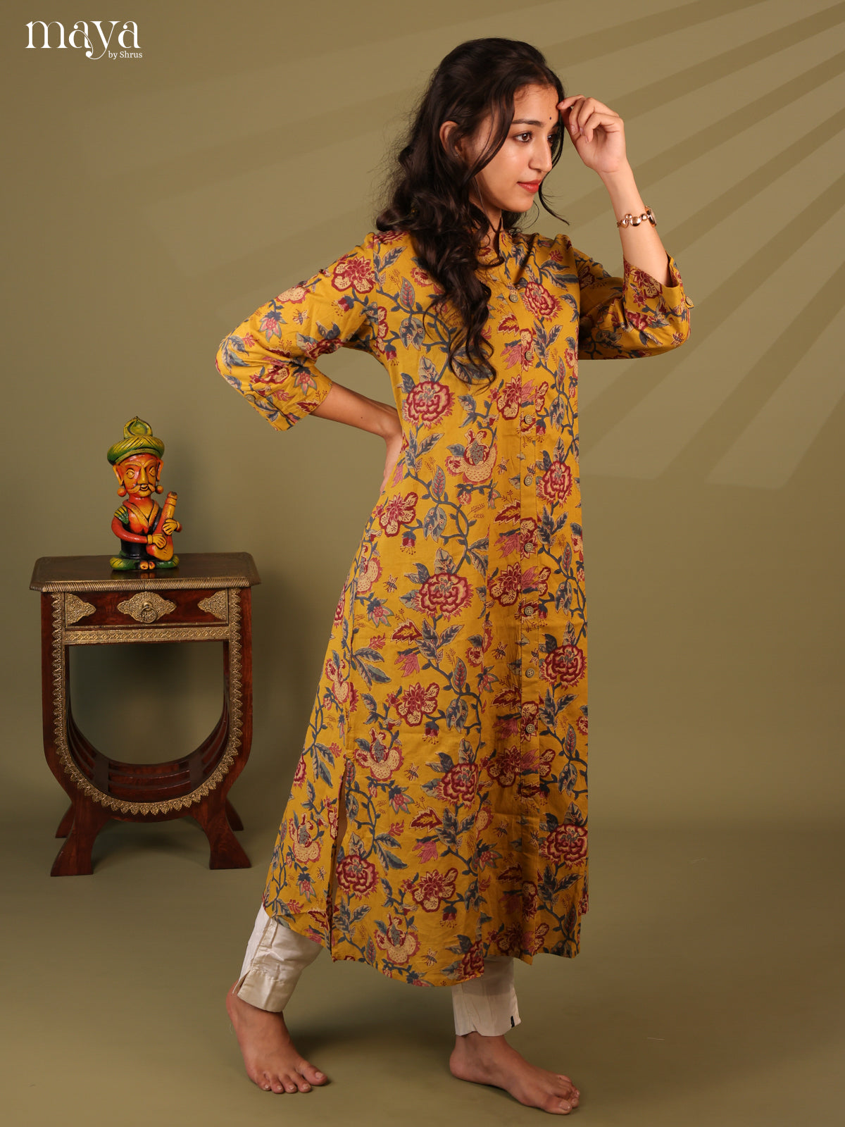 Floral Printed Mustard Cotton Kurti - Shop on Shrus.com